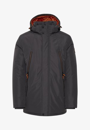 Tumehall soe jakk, millel on oranž sisemus, kõrge krae, tõmblukuga kõrvaltaskud ja reguleeritav kapuuts stringidega.