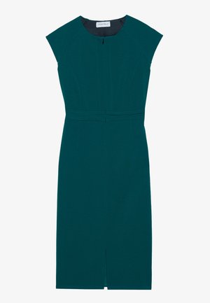 Vestido justo em teal com mangas curtas, decote estruturado e silhueta até ao joelho. Os detalhes incluem uma fenda frontal e fecho zip na parte de trás.