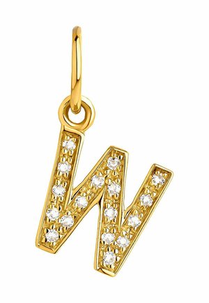 Colgante de oro en forma de la letra "W", decorado con pequeñas piedras preciosas transparentes y sujeto a un lazo de oro para un collar.