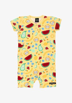 Gul bomuldsbody med et frugtmønster, der viser vandmeloner, citroner, jordbær og bananer. Inkluderer trykknapper i bunden.