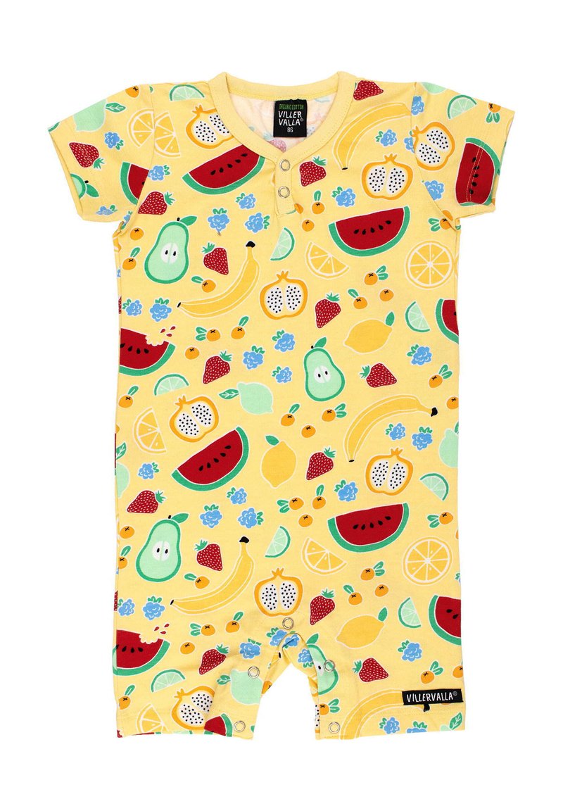 Gelbes Baumwoll-Overall mit einem Obstmuster, das Wassermelonen, Zitronen, Erdbeeren und Bananen zeigt. Enthält Druckknopfverschlüsse am Boden.