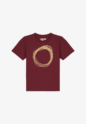 Bordeaux t-shirt van katoen met ronde hals en korte mouwen, met een beige cirkelvormig spiraalontwerp op de voorkant.