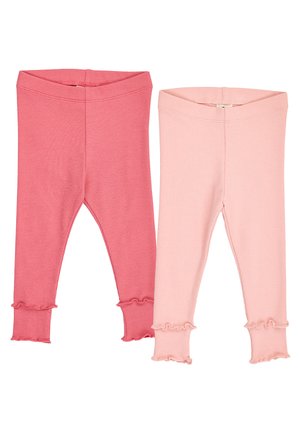 To par ribstrikkede babyleggings i pink og lyserød med flæsekant, vist mod en hvid baggrund.