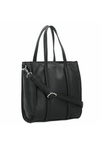 Grand sac fourre-tout en cuir noir avec deux poignées de shoulder et une bandoulière détachable et ajustable. Présente une surface texturée et des accessoires en ton argent.