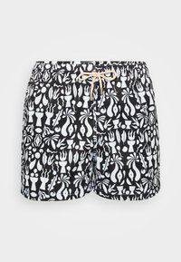 Schwarze Schwimmshorts mit einem weißen abstrakten Muster. Ausgestattet mit einem Kordelzugbund und einem leichten, glatten Stoff.