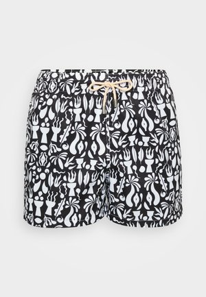 Zwarte zwemshorts met een wit abstract patroon. Voorzien van een trekkoord in de taille en gemaakt van een lichtgewicht, gladde stof.