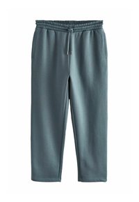 Luźne spodnie dresowe w kolorze morskim z elastycznym pasem i sznurkiem do regulacji, wyposażone w boczne kieszenie i proste nogawki.