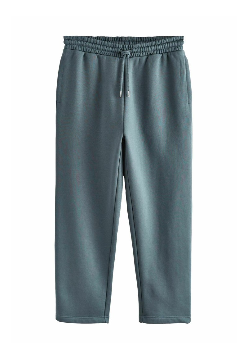 Luźne spodnie dresowe w kolorze morskim z elastycznym pasem i sznurkiem do regulacji, wyposażone w boczne kieszenie i proste nogawki.