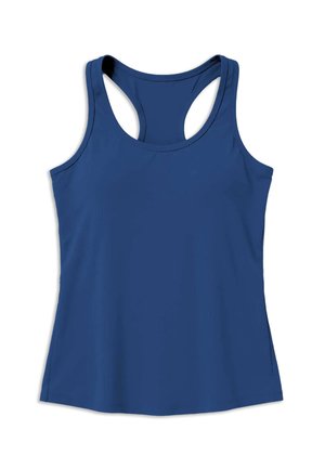 Débardeur athlétique sans manches pour femmes de couleur bleu uni, avec un dos nageur, fabriqué en tissu lisse et léger.