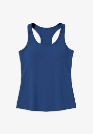 Stevige blauwe dames sporttop zonder mouwen met racerback ontwerp, gemaakt van glad, lichtgewicht stof.
