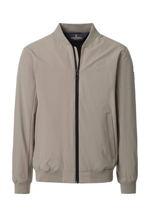 Licht beige herenbomberjack met een volledige zwarte ritssluiting, geribde kraag, manchetten en zoom, en zijzakken.