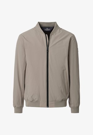 Hellbeige Herren-Bomberjacke mit durchgehendem schwarzem Reißverschluss, geripptem Kragen, Bündchen und Saum sowie Seitentaschen.