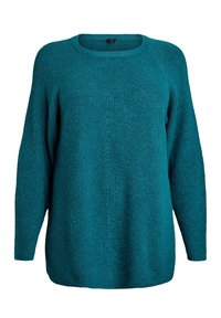 Teal, knitted sweater with a round neckline and long sleeves. Features a textured, diagonal pattern and a relaxed, slightly oversized fit.