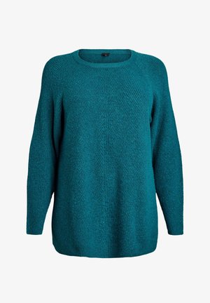 Maglione a maglia color turchese con scollatura rotonda e maniche lunghe. Presenta un motivo testurizzato diagonale e una vestibilità rilassata, leggermente oversize.