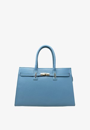 Blaue Lederhandtasche mit strukturiertem Design, doppelten oberen Griffen, silbernen Beschlägen und glatter Textur. Sie verfügt über einen Klickverschluss und klare Linien.