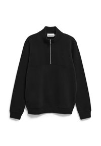 Sweatshirt noir avec un col montant et une demi-fermeture éclair. Il présente une texture lisse, des manches longues et un détail de logo subtil sur la poitrine.