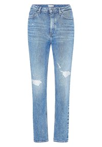 Jeans in denim azzurro chiaro con vita alta, design a gamba dritta, toppe strappate e leggera sfumatura. Stile classico a cinque tasche.