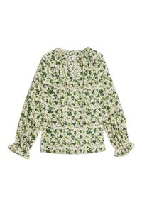 Blusa bianca con motivo floreale verde, scollatura ed elastico alle maniche, maniche lunghe, vestibilità morbida, realizzata in tessuto leggero.