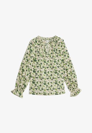 Blusa bianca con motivo floreale verde, scollatura ed elastico alle maniche, maniche lunghe, vestibilità morbida, realizzata in tessuto leggero.