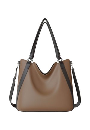 Brown leather handbag with two black handles and an adjustable black shoulder strap, shown against a white background.