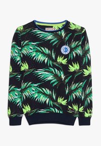 Sweatshirt noir avec un imprimé de feuille de palmier verte, un logo rond bleu sur la poitrine, et des poignets et un ourlet côtelés pour une coupe ajustée.