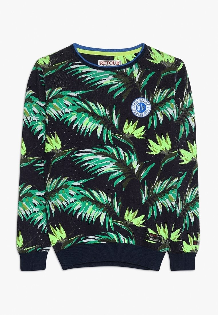 Sweatshirt noir avec un imprimé de feuille de palmier verte, un logo rond bleu sur la poitrine, et des poignets et un ourlet côtelés pour une coupe ajustée.