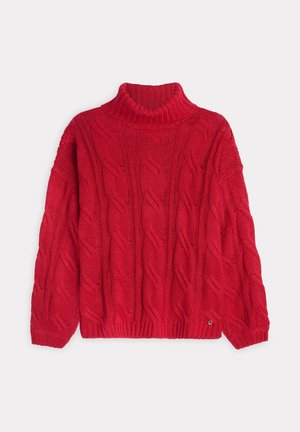 Red knitted sweater with a high collar. Features a textured cable pattern, ribbed cuffs and hem, and a loose-fit silhouette.