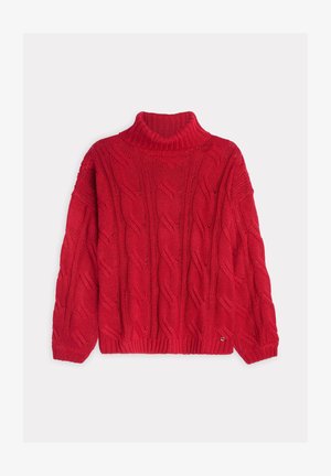 Czerwony sweter z dzianiny z wysokim kołnierzem. Ma wyeksponowany, teksturowany wzór w warkocze, ściągacze na rękawach i na dole oraz luźny krój.