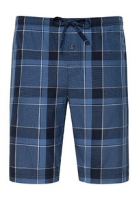 Blå rutiga shorts med dragsko i midjan, framtida knappri, och varierande nyanser av blått med vita och mörka linjer.