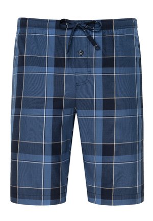 Blue plaid shorts featuring a drawstring waist, front button detail, and varying shades of blue with white and dark lines.