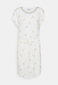 Vit klänning med korta ärmar och rund halsringning, prydd med ett guldigt fjädermönster och dragsko i midjan. Mjuk och lätt textil.