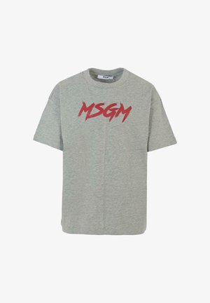 Grijze katoenen t-shirt met korte mouwen, een ronde halslijn en een rood "MSGM" logo in een vet, dynamisch lettertype op de voorkant.