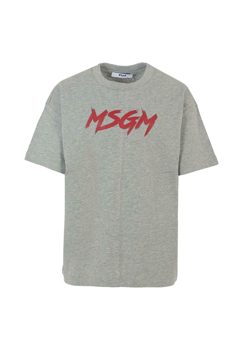 Grijze katoenen t-shirt met korte mouwen, een ronde halslijn en een rood "MSGM" logo in een vet, dynamisch lettertype op de voorkant.