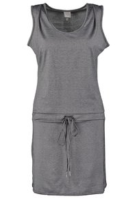 Szara, bezrękawnikowa sukienka uszyta z miękkiego materiału, z okrągłym dekoltem, regulowanym ściągaczem w talii oraz prostą sylwetką.