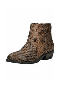 Botas marrones hasta el tobillo con una textura de piel de serpiente, que presentan una puntera ligeramente puntiaguda y un tacón bajo apilado. El diseño incluye un acabado estampado.