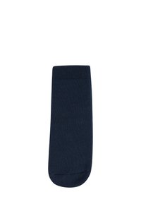Navy blue crew sock, made of soft cotton blend, featuring a ribbed cuff and smooth texture with a classic, uniform design.