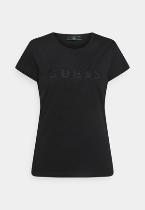 Black short-sleeve t-shirt with round neck and "GUESS" embroidered across the chest in matching black thread.