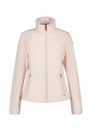 Chaqueta femenina de color rosa claro con cuello alto, cremallera frontal y bolsillos laterales, mostrada sobre fondo blanco.