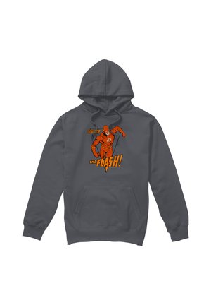 Dark gray hoodie featuring a running Flash superhero graphic with "The Flash!" text in bold orange on the chest.