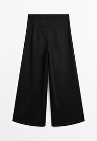 Black wide-leg trousers with a flat waistband, back pockets, and smooth texture. Tailored look with a loose fit.