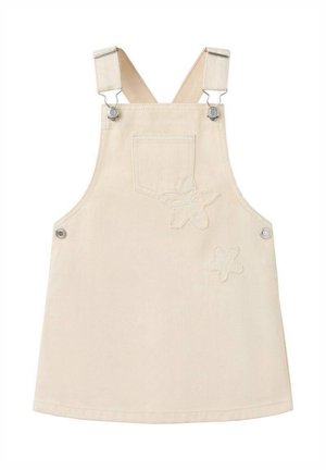 Rochie salopetă din denim bej, cu bretele reglabile, accesorii argintii, buzunar frontal și detalii florale brodate în față.