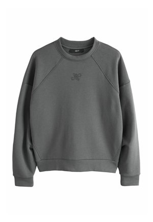 Mørkegrå langærmet crewneck-sweatshirt med lille broderet logo på brystet og ribbet manchetter og kant.