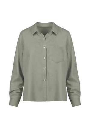 Jasnozielona, długorękawowa koszula zapinana na guziki, z kołnierzykiem, pojedynczą kieszenią na piersi oraz paskami na guziki na rękawach do podszywania.
