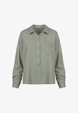 Jasnozielona, długorękawowa koszula zapinana na guziki, z kołnierzykiem, pojedynczą kieszenią na piersi oraz paskami na guziki na rękawach do podszywania.