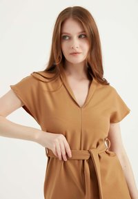 Hellbraunes, mit einem Gürtel versehenes Kleid mit kurzen Ärmeln, kragenförmigem Ausschnitt und glatter Textur. Verfügt über einen Taillenzug für eine anpassbare Passform.