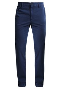 Navy blue trousers made of cotton blend, featuring a straight fit, button closure, and front pockets. Smooth texture with minimal detailing.