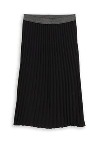 Jupe plissée noire avec une surface texturée et une ceinture élastique argentée. Le design présente des plis verticaux pour un mouvement accentué.