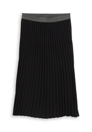 Zwarte geplooide rok met een gestructureerd oppervlak en een elastische tailleband in zilverkleur. Het ontwerp heeft verticale plooien voor extra beweging.