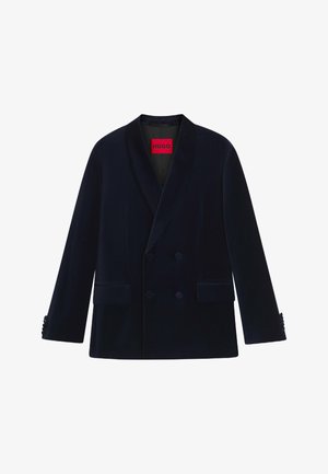 Doppeltältige Blazer aus dunkelblauem Samt mit Schalkragen, zwei Fronttaschen und Knopfdetails an den Ärmeln. HUGO-Label innen.