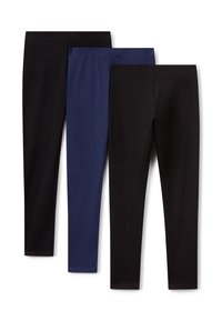 Tre paia di leggings: neri, blu scuro e neri. Realizzati in tessuto elastico con una superficie liscia e una semplice cintura elastica.